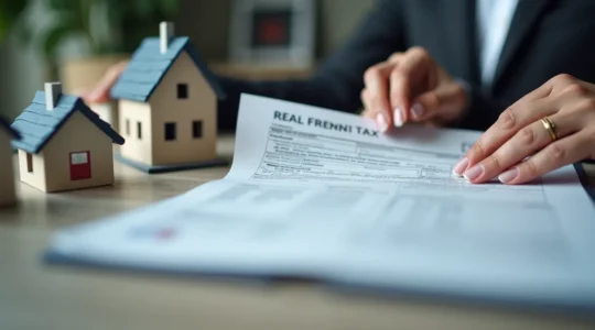 Visual concept of French property taxation showing a foreign investor thinking about tax documents and French property