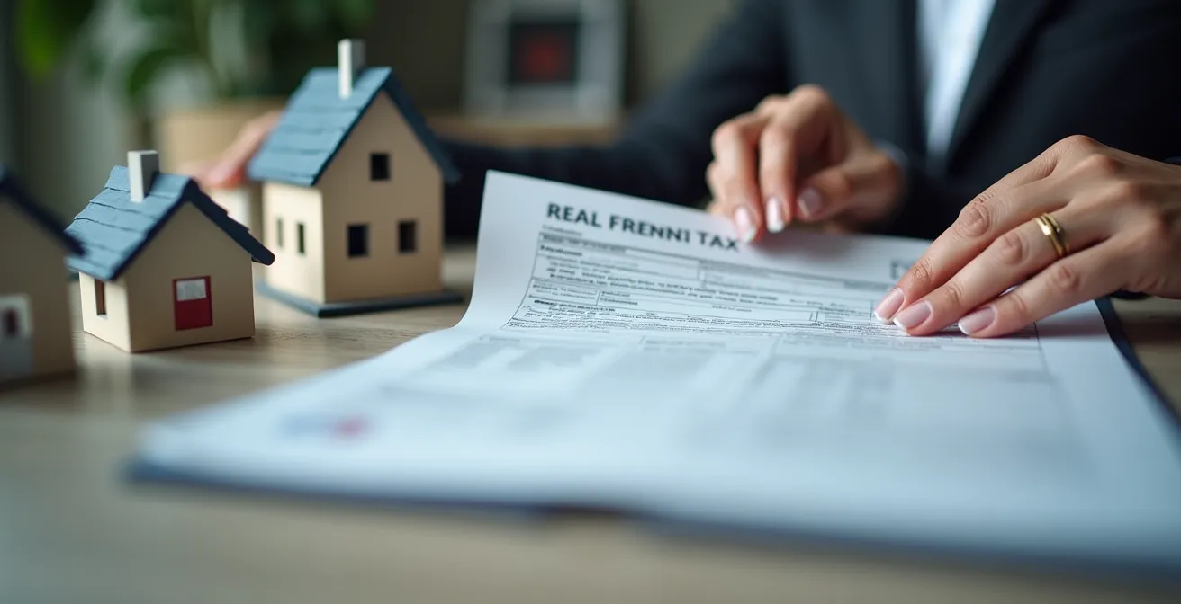 Visual concept of French property taxation showing a foreign investor thinking about tax documents and French property