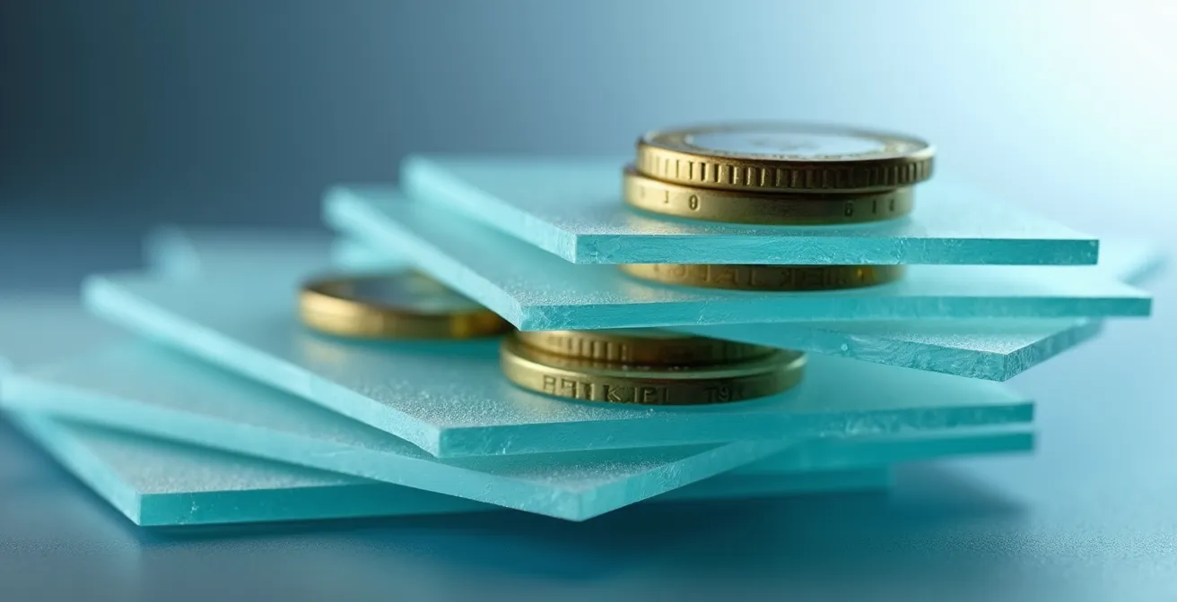 Layered glass panels representing compounding costs in abstract visualization