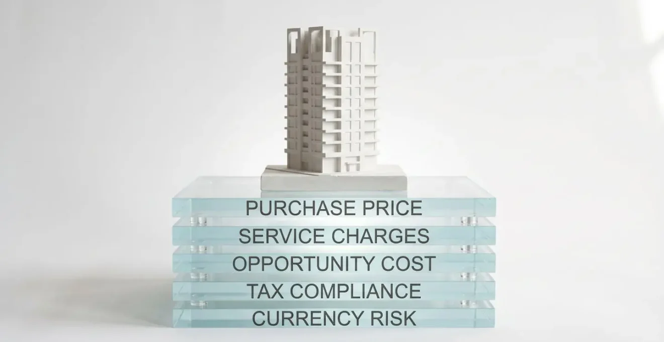 Minimalist studio photograph of white architectural model on transparent acrylic platform with stacked translucent layers beneath, each layer etched with cost categories revealing hidden ownership expenses below surface purchase price