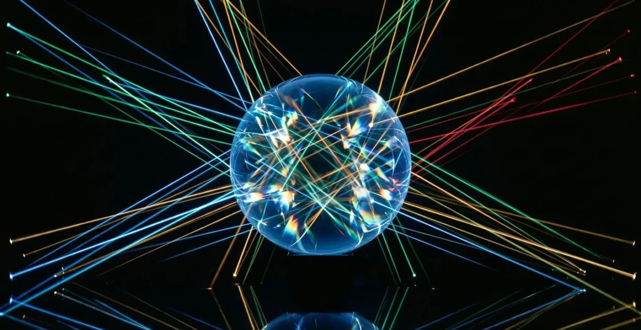 Abstract photograph of transparent glass sphere intersected by multiple coloured light beams from various angles against black background, light refracting through sphere creating complex internal patterns symbolising regulatory transparency
