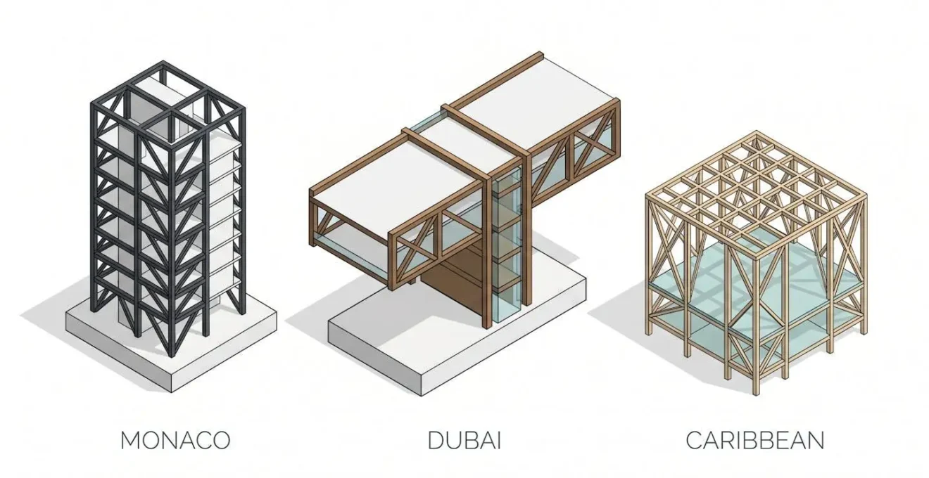 Isometric illustration showing three architectural cross-sections representing Monaco, Dubai, and Caribbean jurisdictions as distinct structural frameworks—Monaco as vertical tower, Dubai as horizontal cantilever, Caribbean as lightweight lattice
