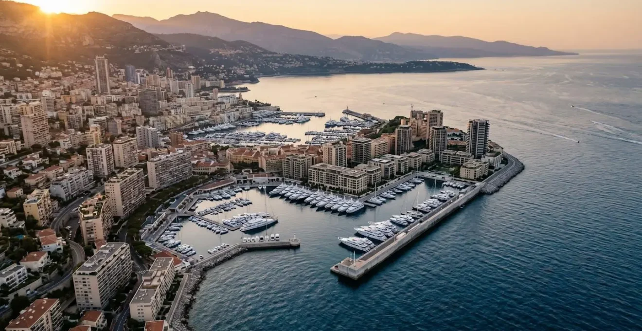 Aerial photograph of Monaco's Mareterra coastal development extending into the Mediterranean Sea at sunset, with modern residential towers, yacht marina, and Alpine mountain range visible in the distance under warm golden light