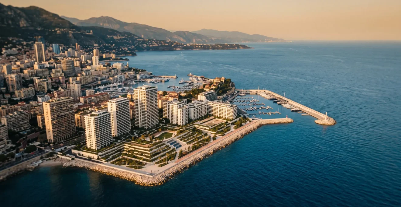 Aerial photograph of Monaco's Mareterra coastal development extending into the Mediterranean Sea at sunset, with modern residential towers, yacht marina, and Alpine mountain range visible in the distance under warm golden light