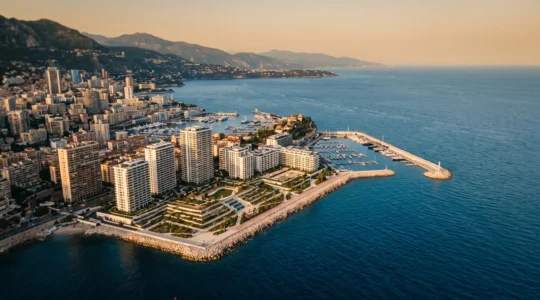 Aerial photograph of Monaco's Mareterra coastal development extending into the Mediterranean Sea at sunset, with modern residential towers, yacht marina, and Alpine mountain range visible in the distance under warm golden light